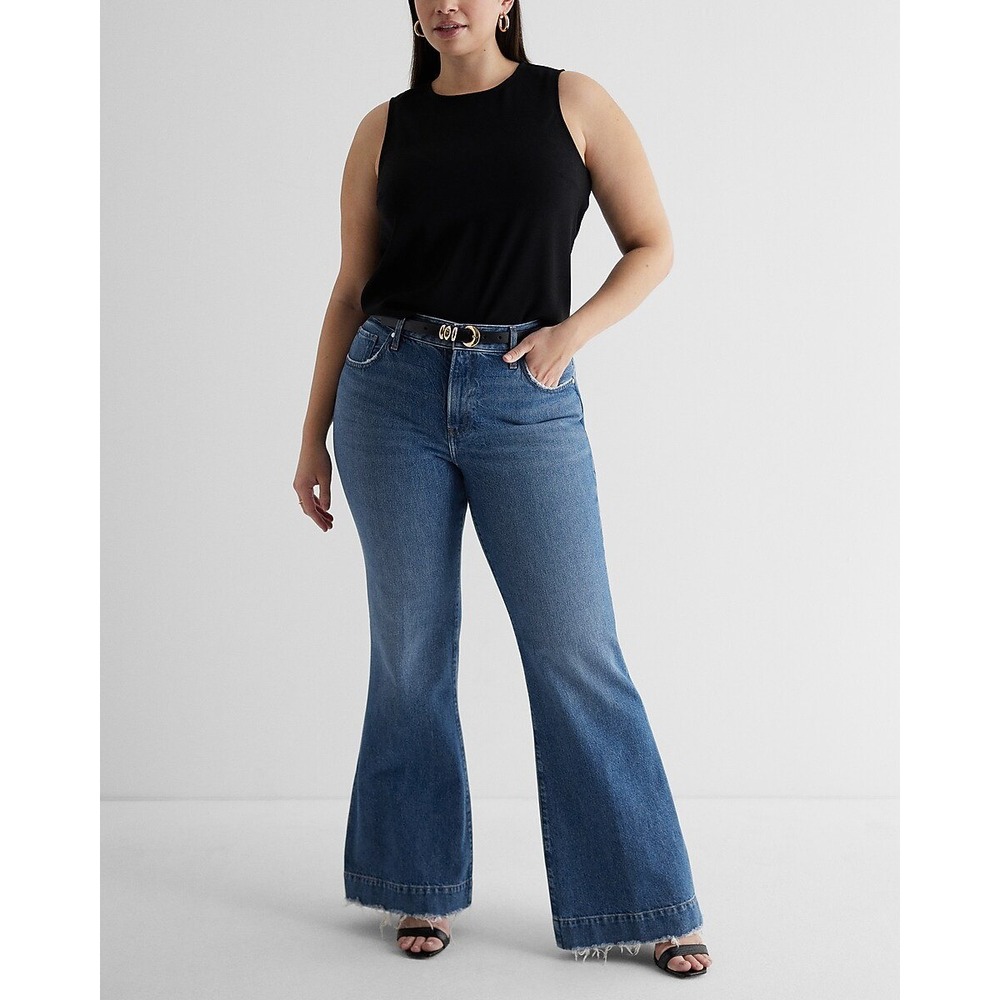Express 12 Jeans 70s Flare Mid Rise Conscious Edit Medium Wash Blue Boho Retro